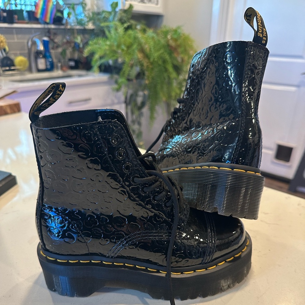 Jadon Dr. Martens black patent leather animal print embossed boots, NWOT